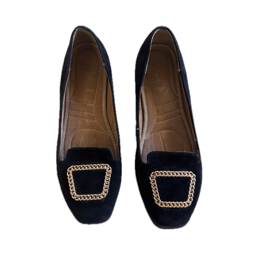 Adrienne Vittadini Black Velvet Loafers Gold Chain Buckle Square Toe Flats